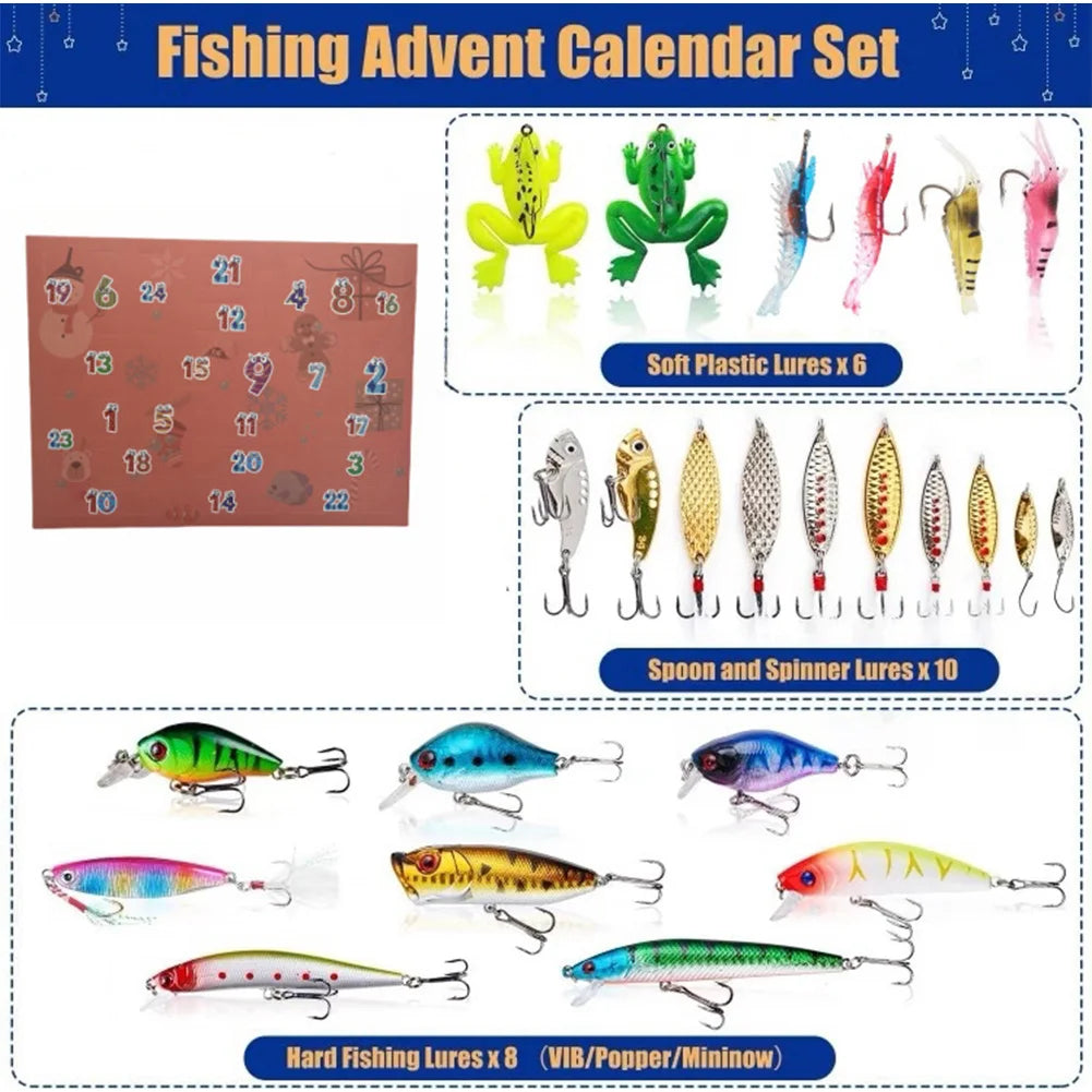24 Days Fishing Lures Set Advent Calendar Gift for Fishing Lovers and Enthusiasts