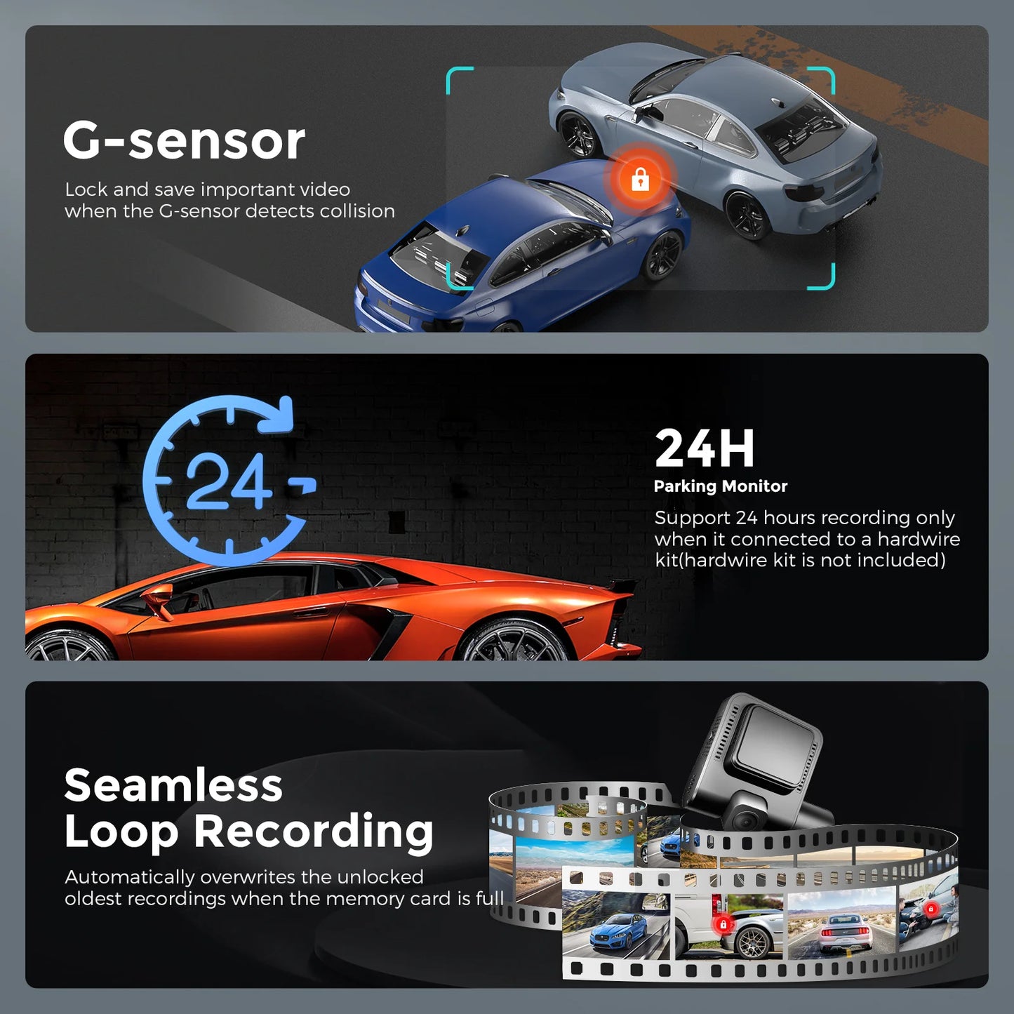 AZDOME Dash Cam V600 2.4 Inch Screen Dual 1080P and 480P Car Camera G Sensor Super Night Vision Car DVR 24 Hour Parking Mode with Support for Rear Camera