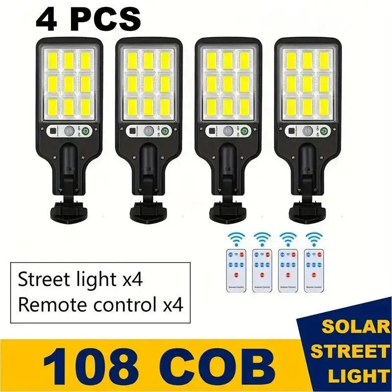 Solar Street Lights 1/2/4 Pack 108 COB LED Outdoor Wall Lights with Remote Control Motion Sensor Adjustable 3 Modes