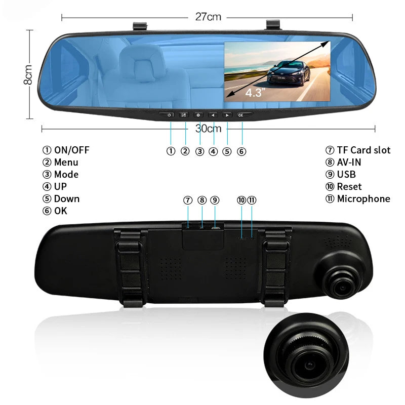 E-ACE Dash Cam 4.3 Inches Car DVR Rearview Mirror Driving Recorder Dual Lens Front and Rear Camera Black Box