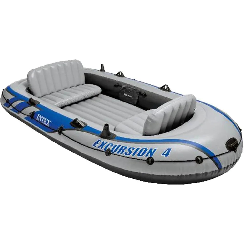 Excursion 4 Inflatable 4 Person Fishing Boat Raft Set with Motor Mount Kit for Rivers and Lakes