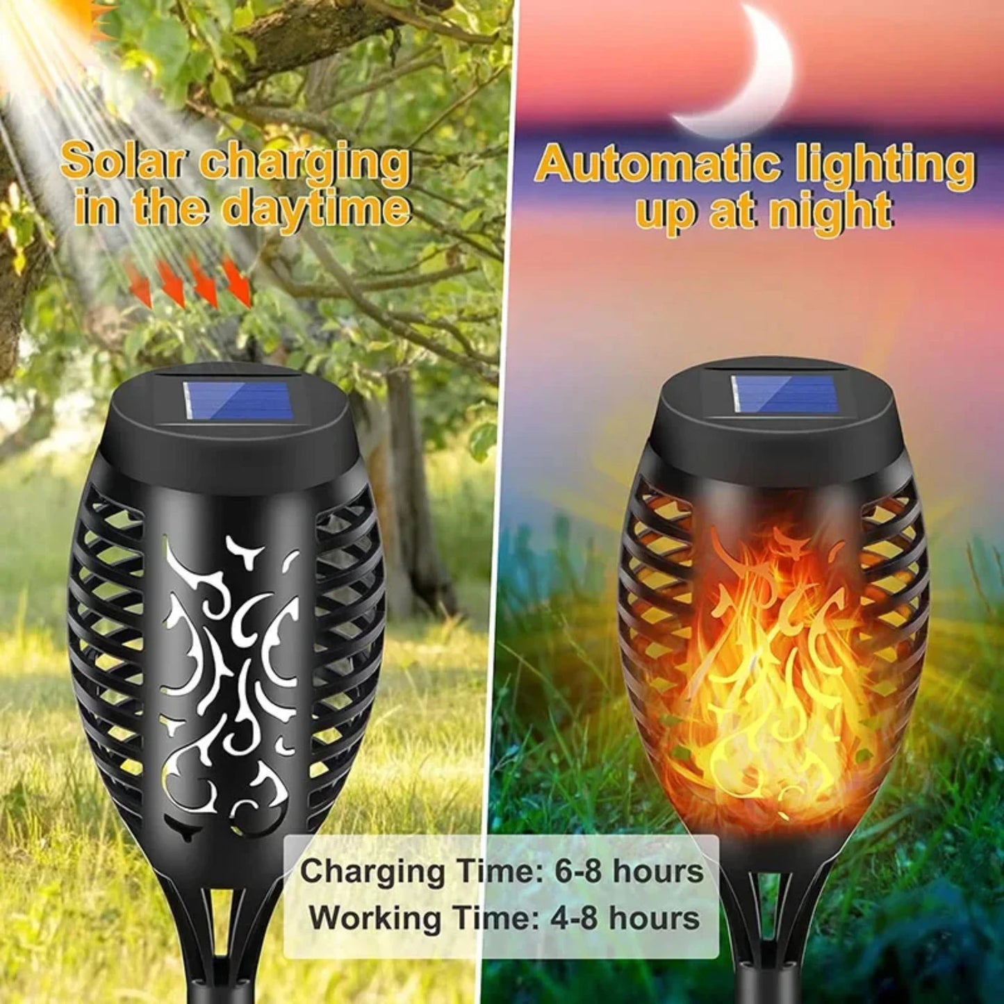 Outdoor Waterproof Solar Torch Lights Set of 2 Tiki Theme LED Flickering Flame Lights for Garden Decoration Durable and Long Lasting
