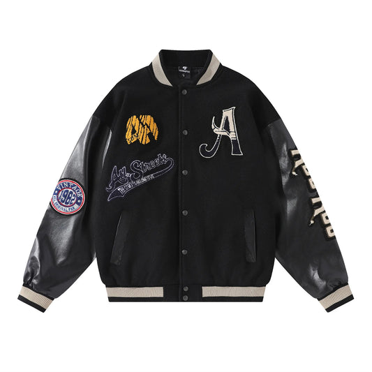 Letter Embroidery Men's Baseball Jacket Y2k Flame Leather Coat