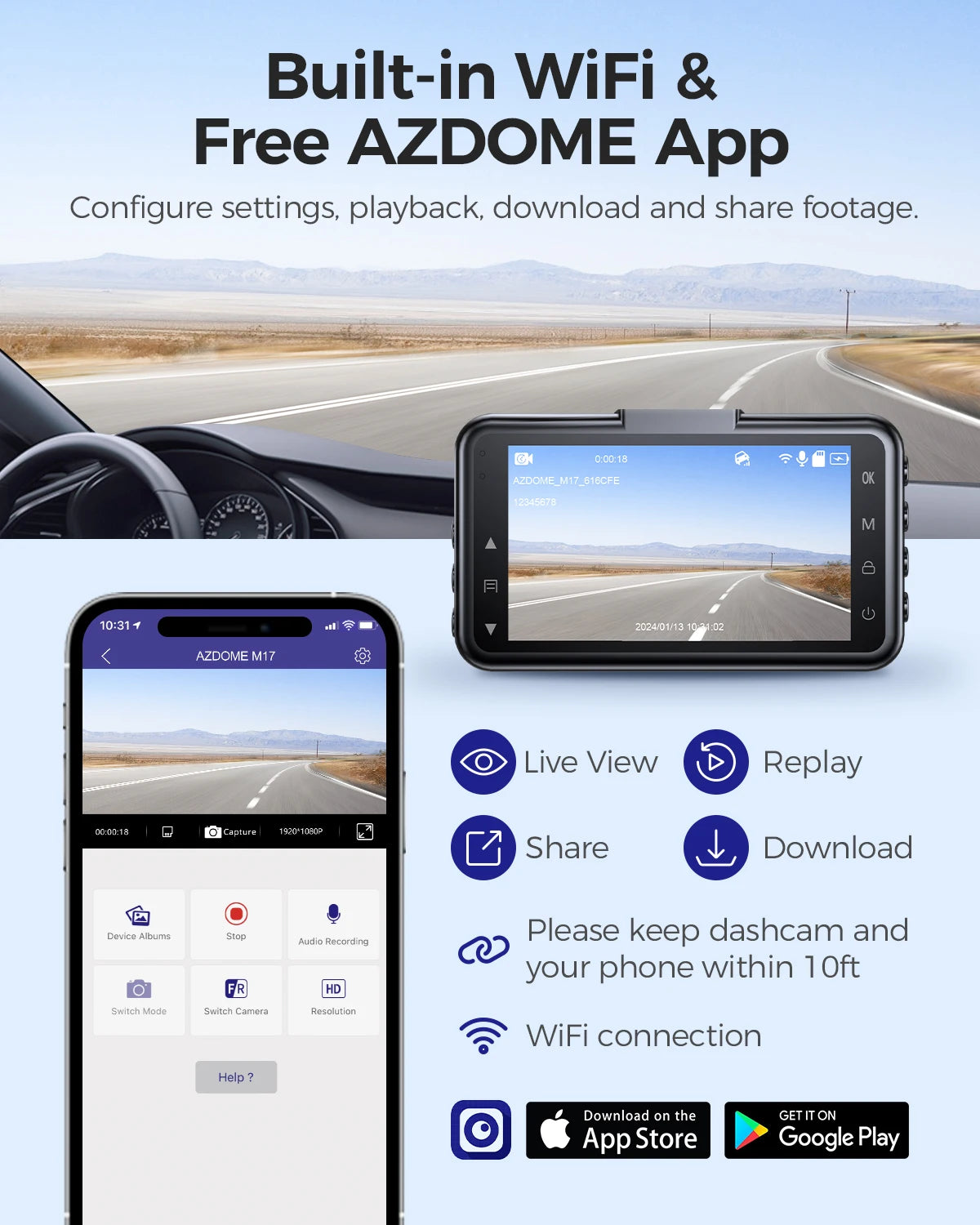 Azdome Dash Cam M17 1080P Front Camera with Built-in ADAS and GPS 24 Hour Parking Monitor Night Vision Car DVR with WIFI App 150 Degree FOV