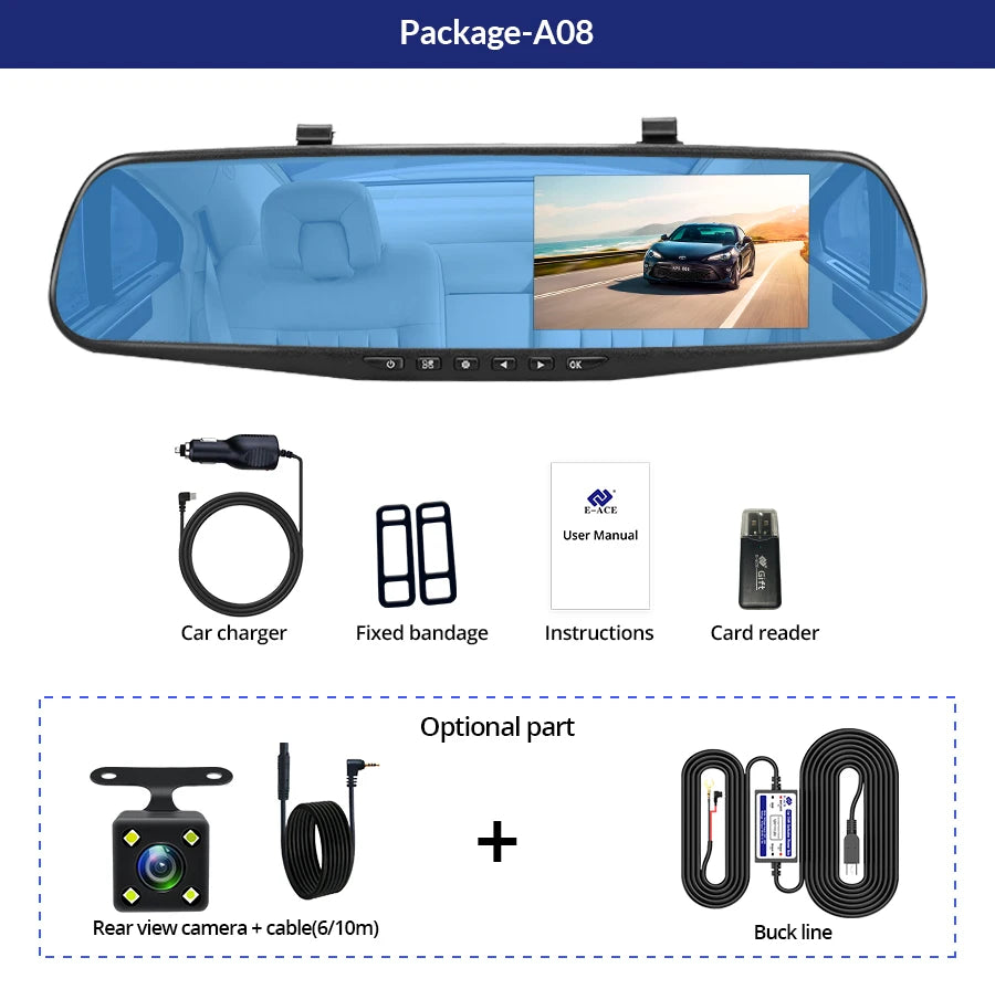 E-ACE Dash Cam 4.3 Inches Car DVR Rearview Mirror Driving Recorder Dual Lens Front and Rear Camera Black Box