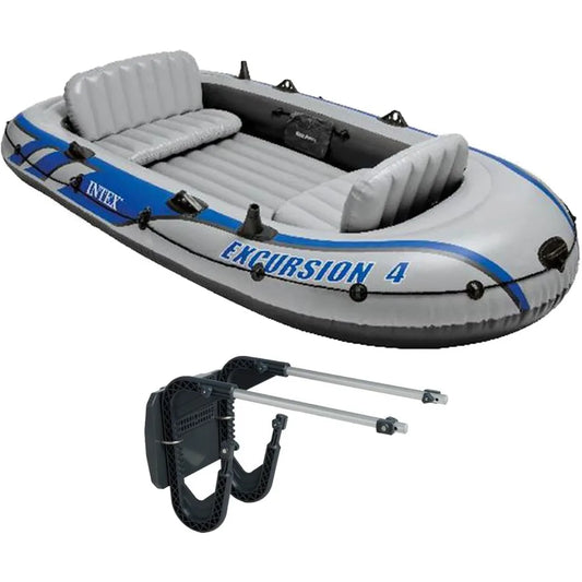 Excursion 4 Inflatable 4 Person Fishing Boat Raft Set with Motor Mount Kit for Rivers and Lakes