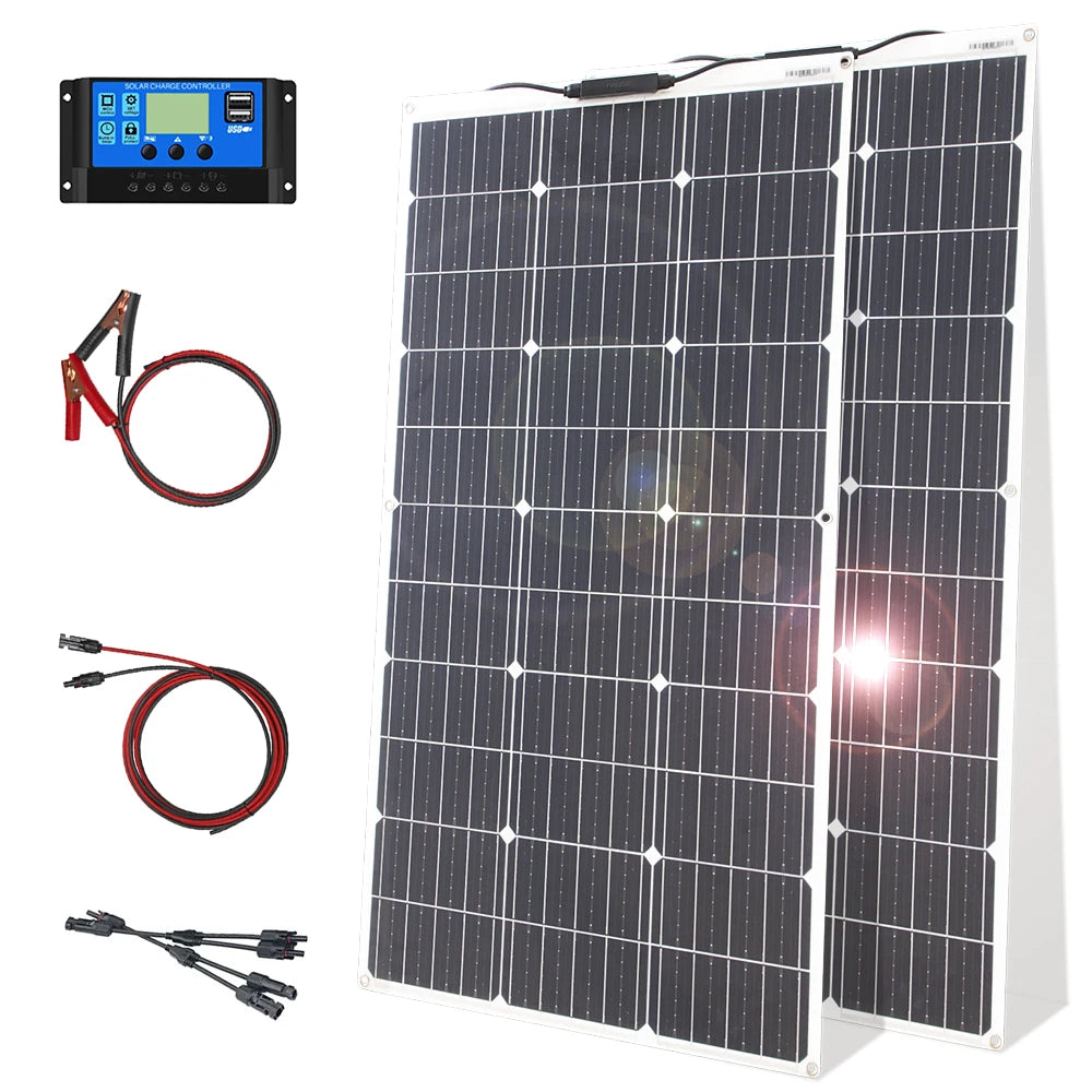 12V Flexible Solar Panel Kit 100W 200W Monocrystalline Waterproof Controller for RV Camping Outdoor