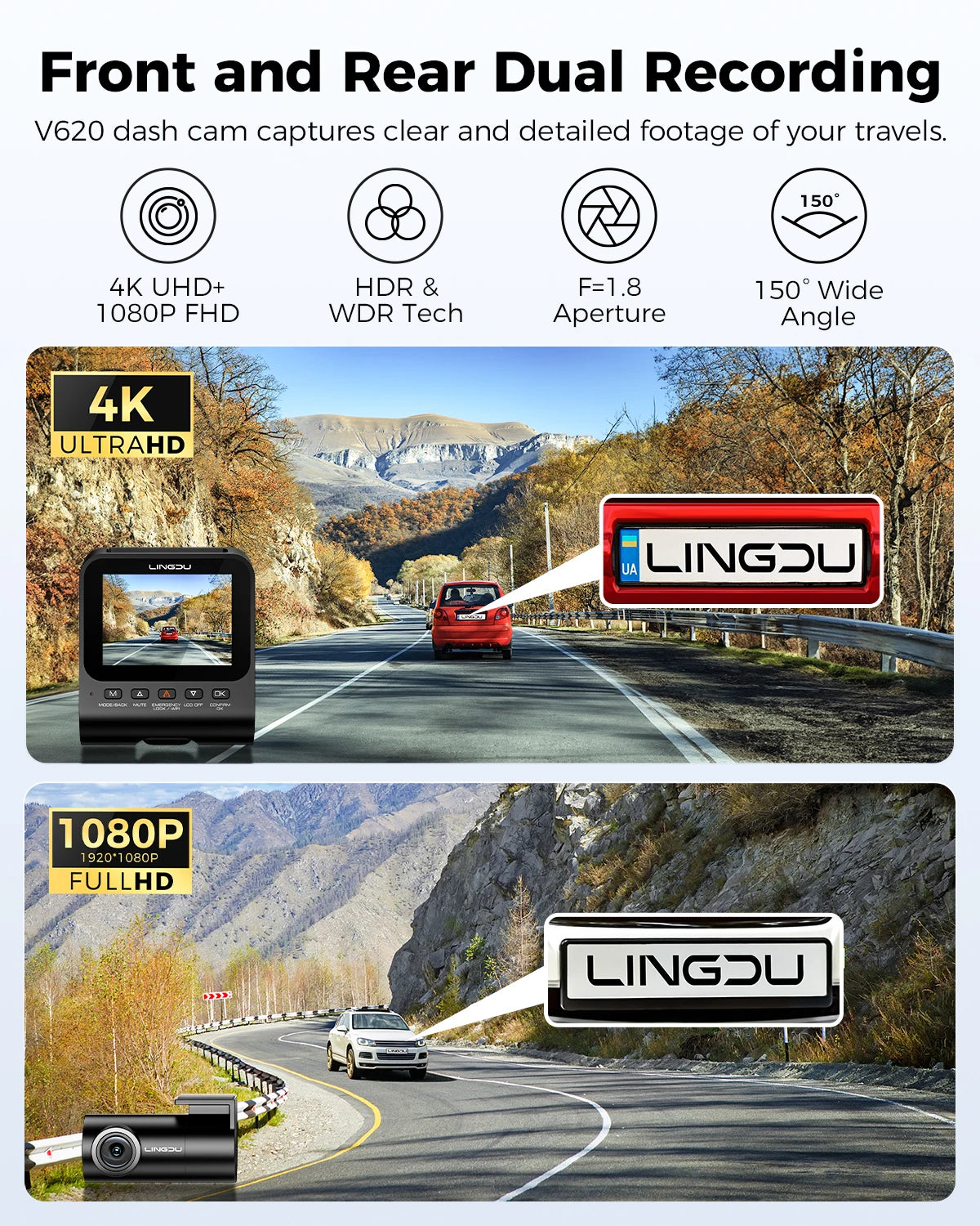 Lingdu Dash Cam V620 Front and Rear Car Camera 4K 1080P 60FPS Car DVR GPS Wi Fi ADAS Voice Control Parking Mode
