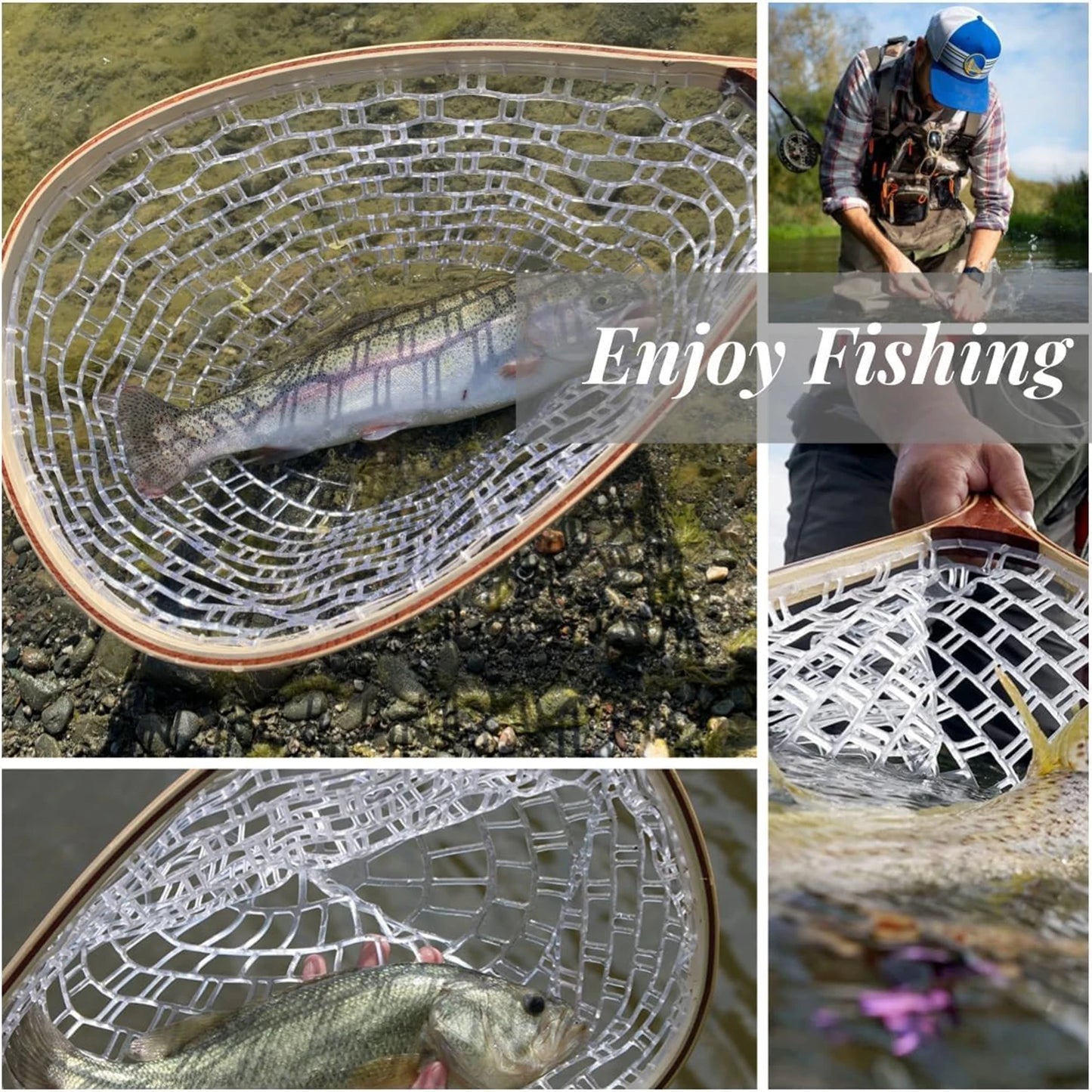 Fly Fishing Landing Net with Soft Mesh and Wooden Handle for Catch and Release