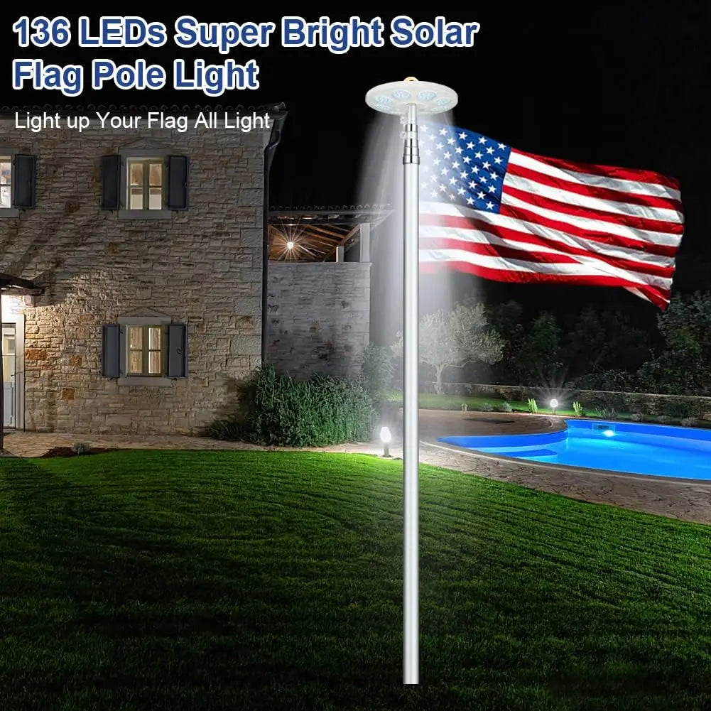 Solar Flag Pole Light with 136 LEDs Auto On Off Energy Saving Dusk to Dawn for 15 to 30 Feet Outdoor Use