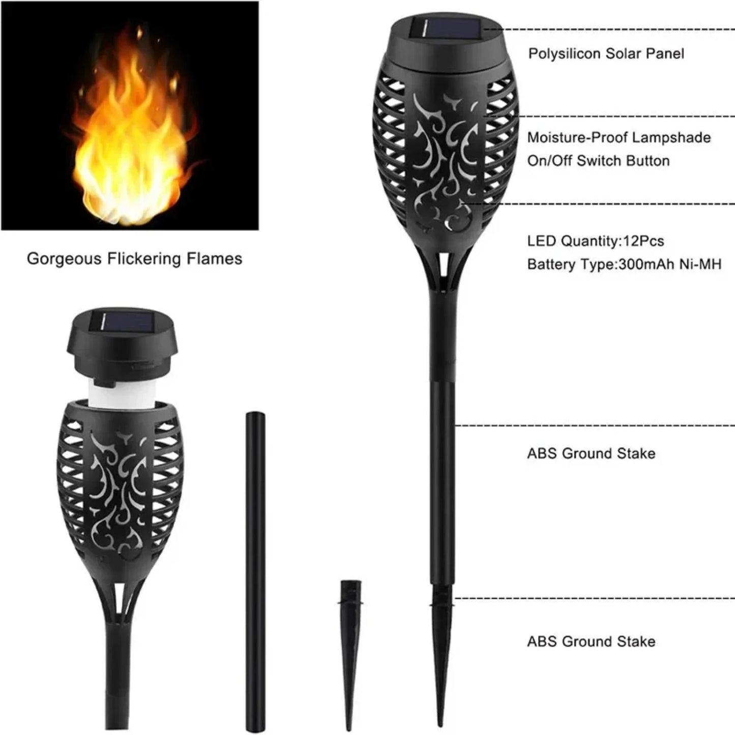 Outdoor Waterproof Solar Torch Lights Set of 2 Tiki Theme LED Flickering Flame Lights for Garden Decoration Durable and Long Lasting