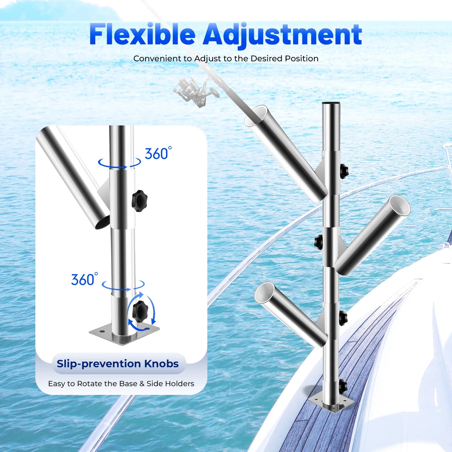 76cm Stainless Steel Triple Clamping Rod Large Capacity 360 Degree Rotation Fishing Boat Yacht Rod Holder