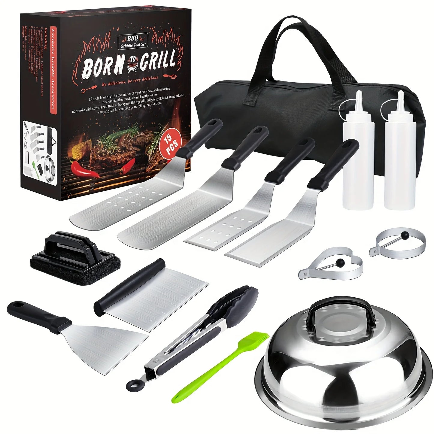 15 Piece Stainless Steel Flat Top Grill Tool Set for Blackstone and Camping Outdoor Grilling Accessories