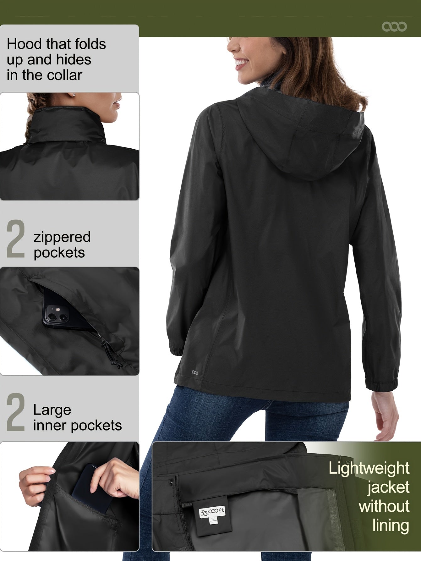 33000ft Women's Lightweight Packable Rain Jacket with Hood for Golf Hiking Travel Windbreaker