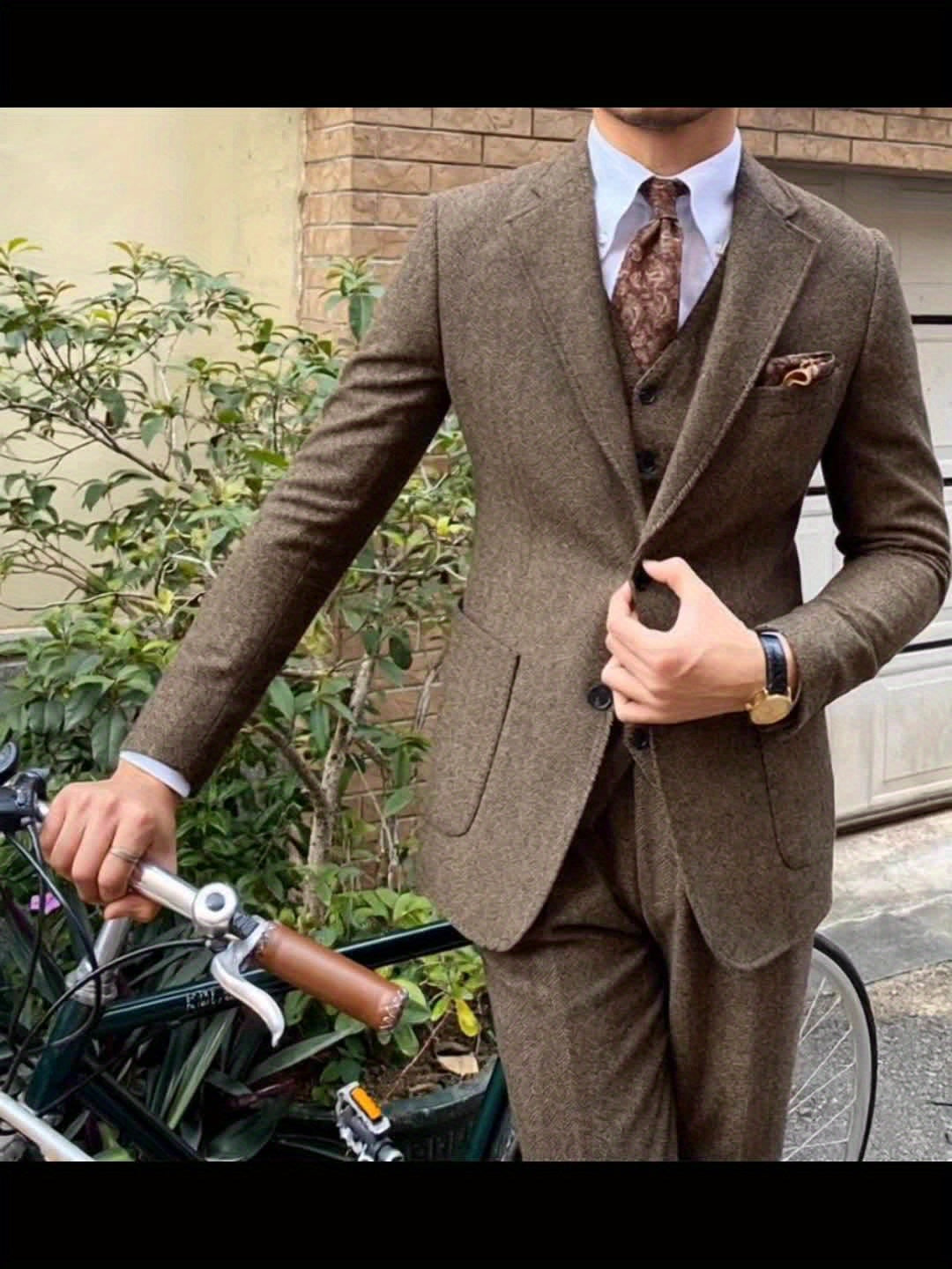 Men's 3 Piece Tweed Suit Wool Blend Herringbone Formal Wedding Party Event Vintage Western Casual Business Workwear Suit