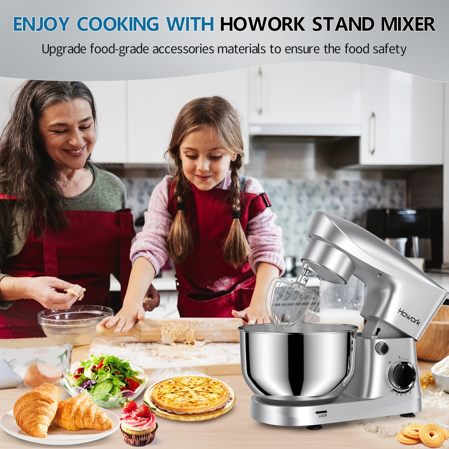 HOWORK Stand Mixer 10-Speed 5QT Electric Kitchen Mixer with Dishwasher-Safe Dough Hooks, Commercial Mixers, Flat Beaters, Wire Whip & Pouring Shield Attachments for Most Home Cooks