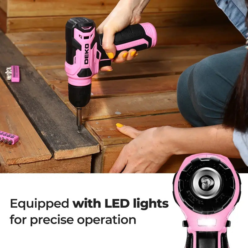 DEKO 126PCS Pink Power Tools Box With 8V Cordless Drill / Driver, Tape Measure, Hammer, Screwdriver Set and Precision Tool, Portable Hand Toolbox for Garden, DIY Home Projects, Outdoor Repairs, Camping, Woodworking Tools and