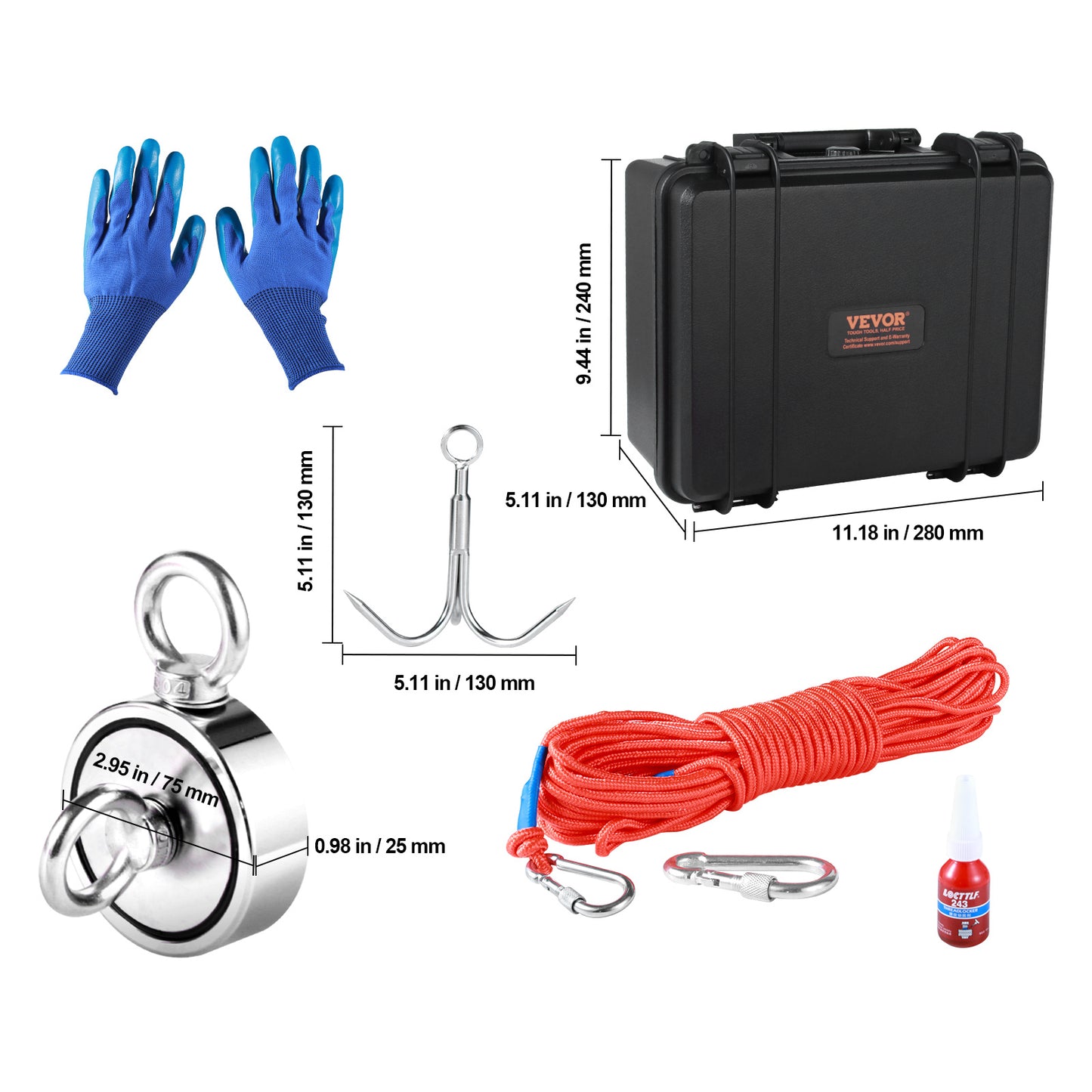 VEVOR Magnet Fishing Kit, 1200lbs Pulling Force Double Sided Fishing Magnets, 2.95inch Diameter Magnet with Rope, Grappling Hook, Gloves, Waterproof Case, Threadlocker, Eye Bolt, for Fishing