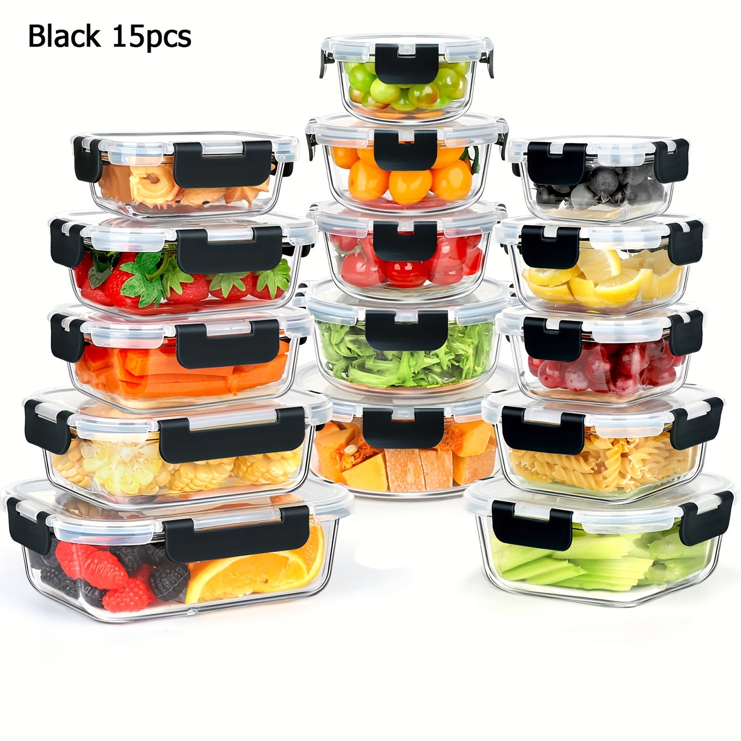 Airtight Glass Meal Prep Containers Set - 15 Pieces Food Storage
