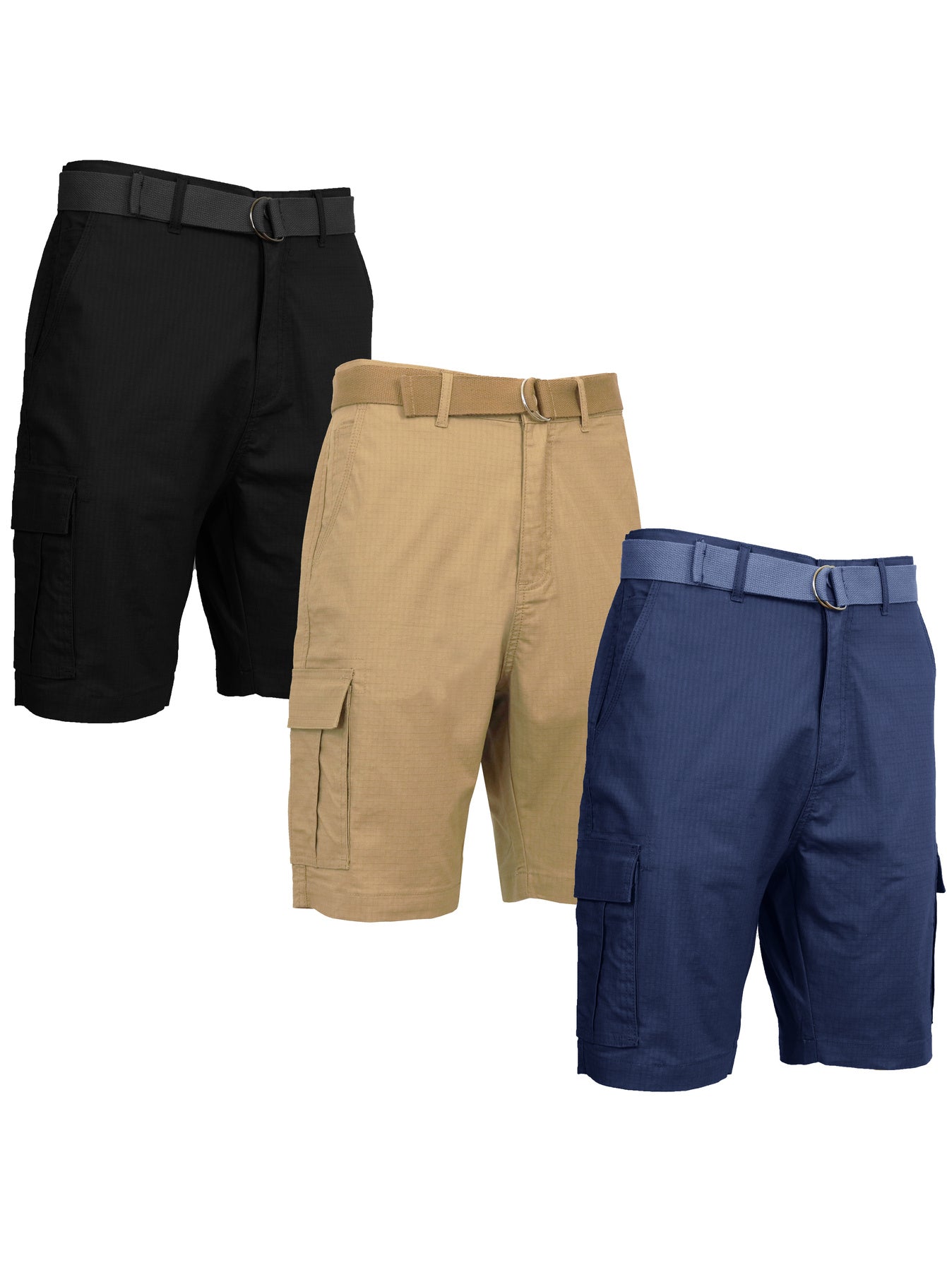 3 Pack Men's Cotton Stretch Ripstop Cargo Shorts With Belt