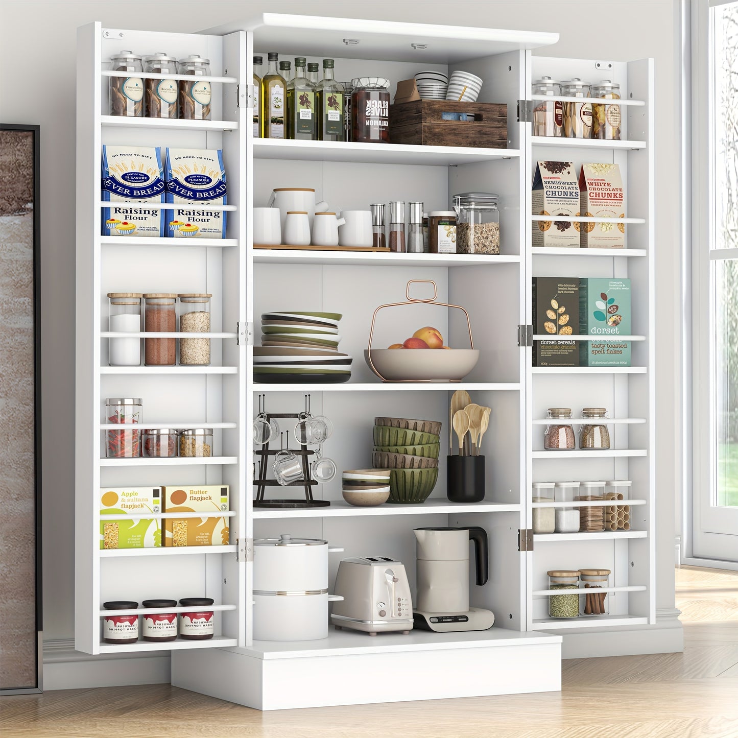 [47" Farmhouse Pantry] 47" White Freestanding Pantry Cabinet with Adjustable Shelves & Doors | Farmhouse Style Kitchen Storage Organizer, 10 Shelves, Durable Wood Construction, No Electricity Needed