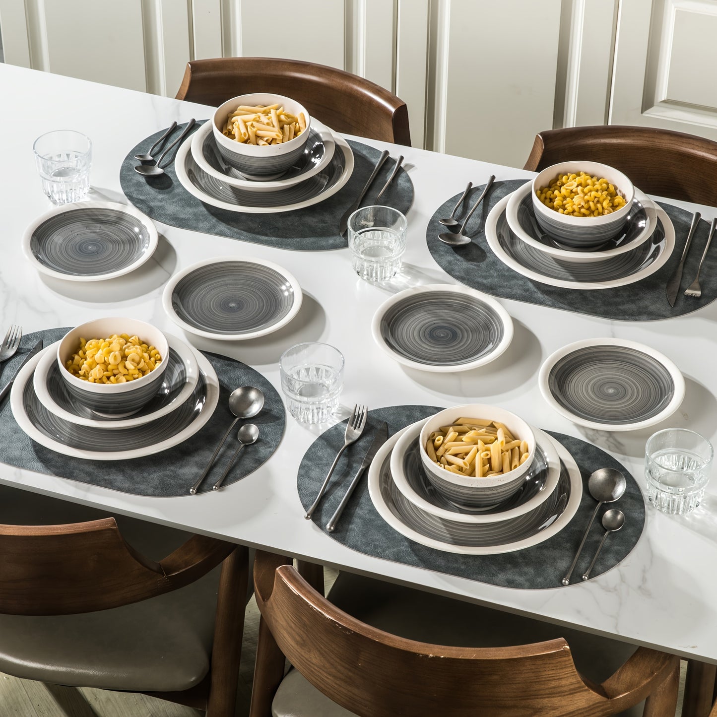 4 Person Hand Painted Pottery Tableware Set 16 Pieces Gray Dinnerware Set Country Chic Style
