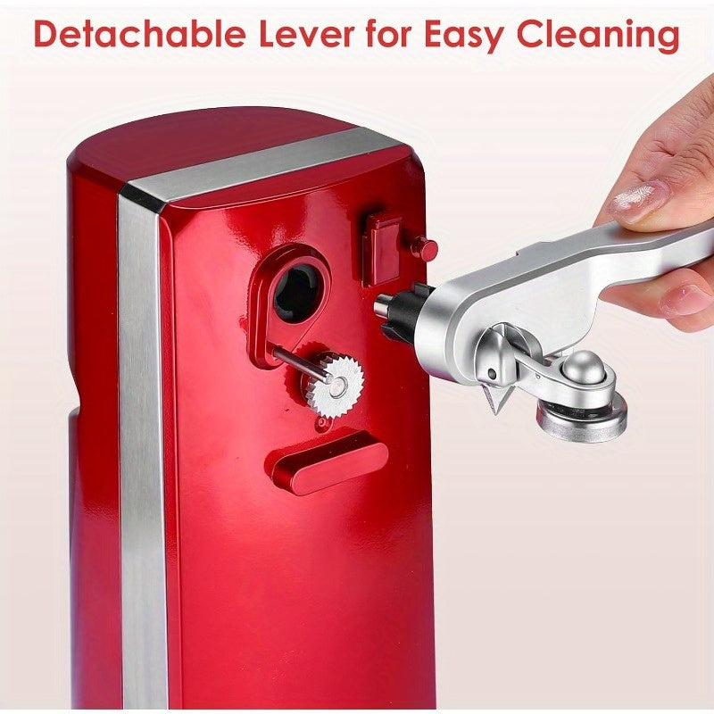 Electric Can Opener with One Touch Lid Opening Removable Stainless Steel Cutter and Three in One Design with Knife Sharpener and Bottle Opener Red