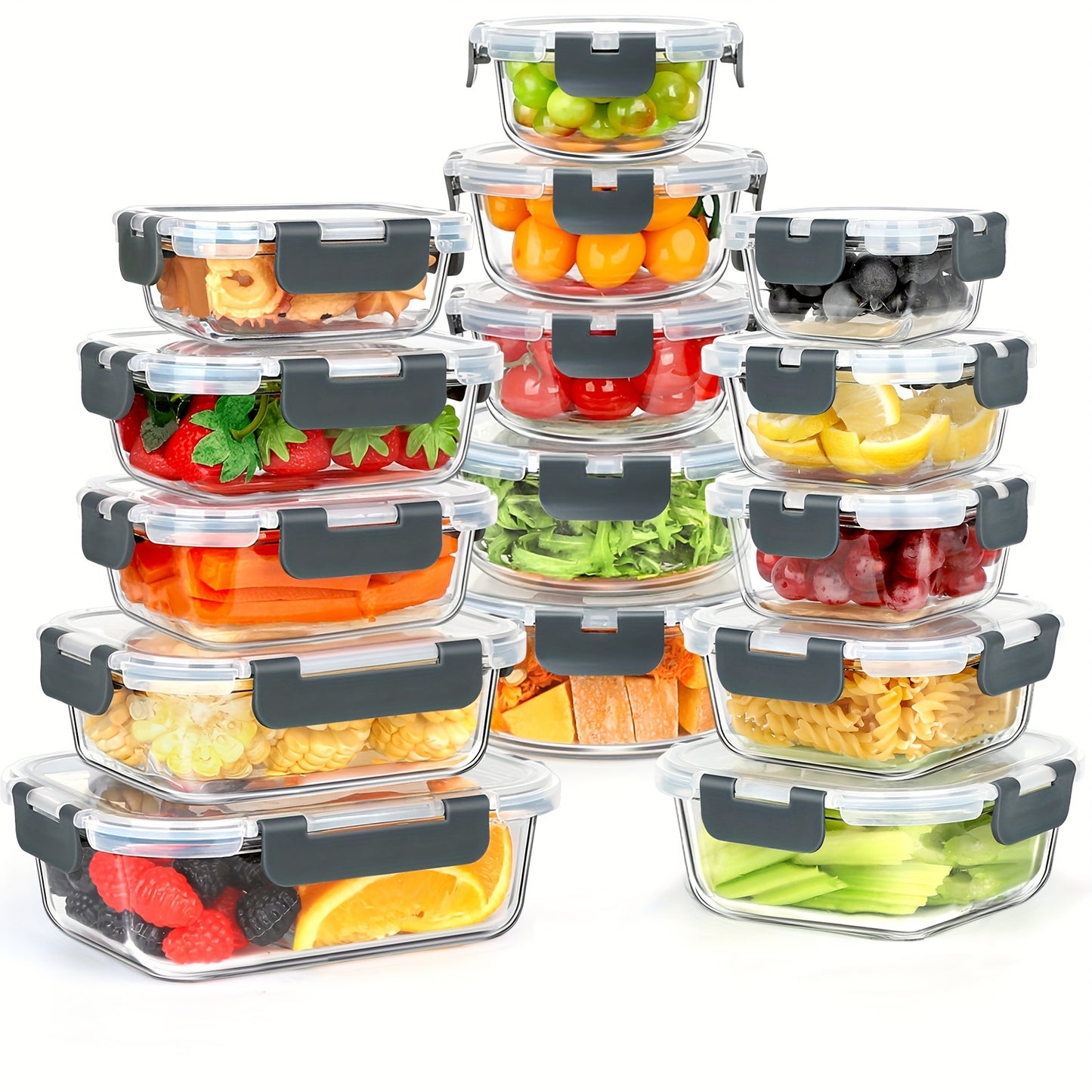 Airtight Glass Meal Prep Containers Set - 15 Pieces Food Storage