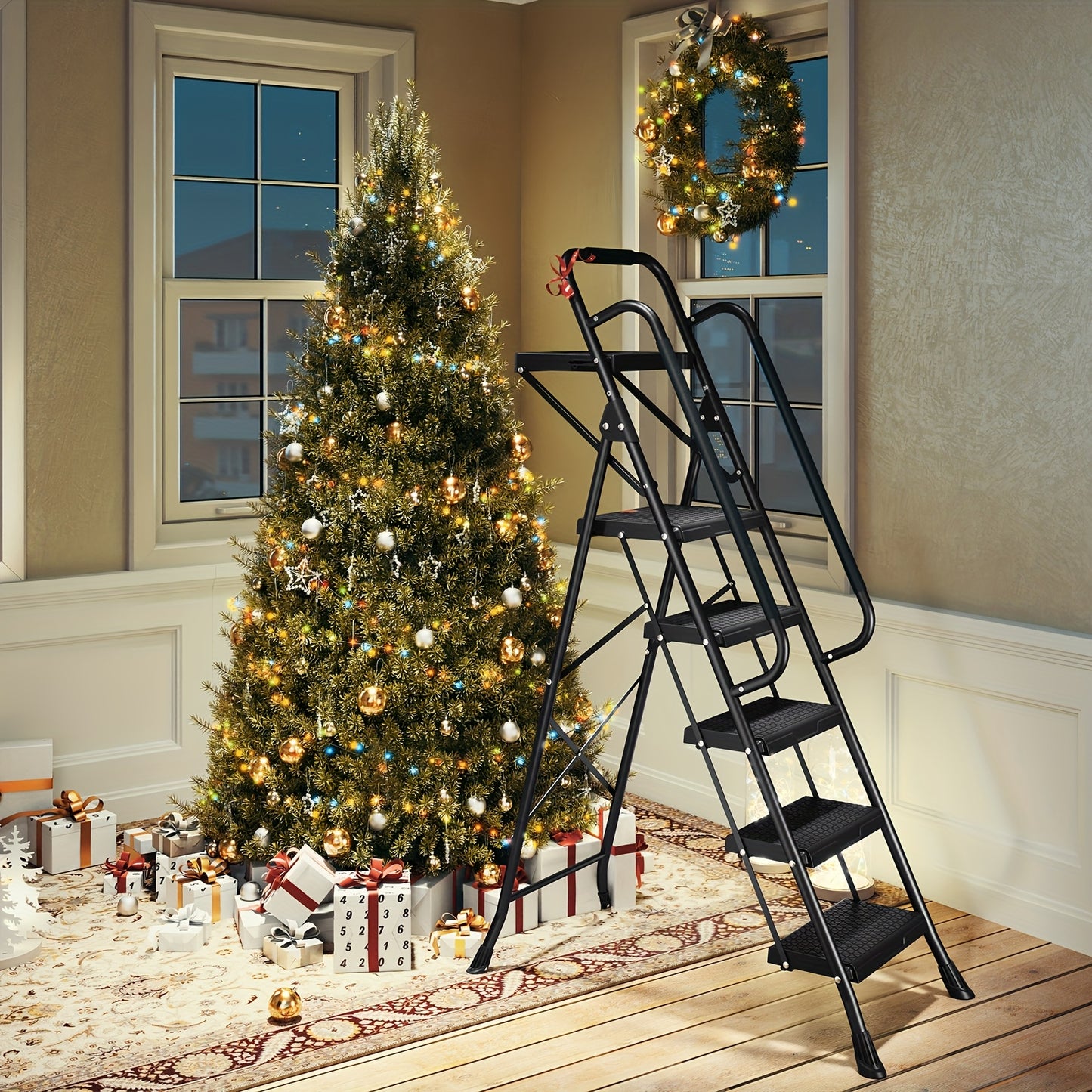 TOOLF Sturdy Steel 5 Step Ladder - Folding, Anti-Slip, Portable | Safe-Lock Design, 800lbs Load Capacity for Multi-Purpose Home Use