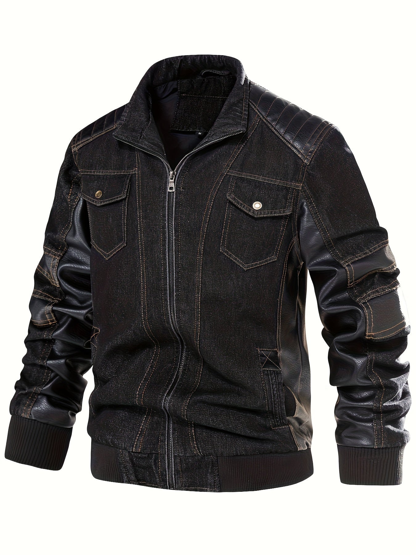 Men'S Denim Jacket Patchwork Faux Leather Motorcycle Jacket Slim Fit Biker Coat With Stand Collar