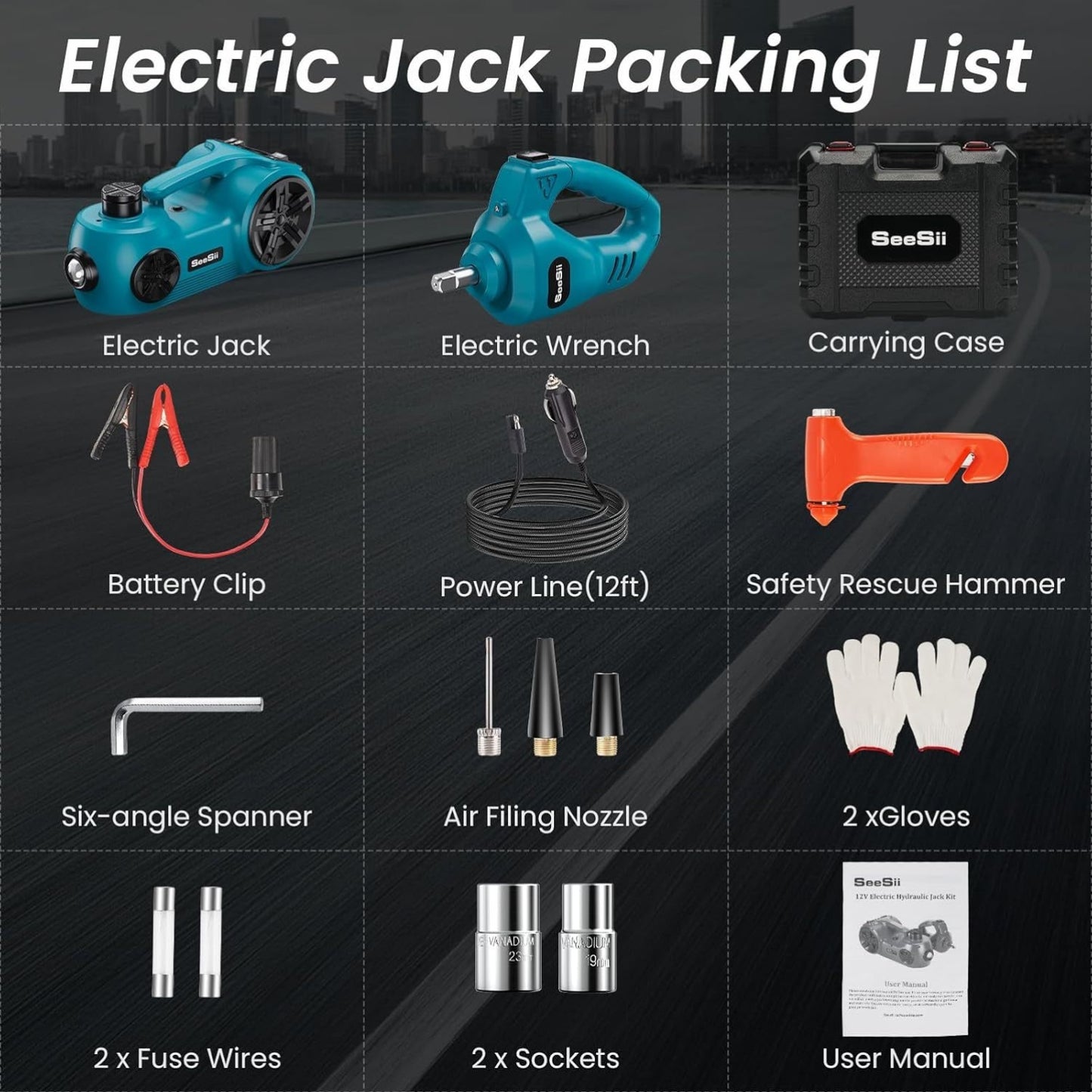 [Seesii Electric Car Jack Kit] 5 Ton Seesii Electric Car Jack Kit - 12V Hydraulic Jack with Electric Impact Wrench and Tire Inflator Pump - Portable Car Jack Kit for SUV MPV Truck Change Tires Garage Repair