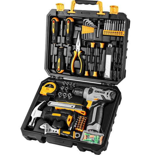 DEKO 126PCS Pink Power Tools Box With 8V Cordless Drill / Driver, Tape Measure, Hammer, Screwdriver Set and Precision Tool, Portable Hand Toolbox for Garden, DIY Home Projects, Outdoor Repairs, Camping, Woodworking Tools and