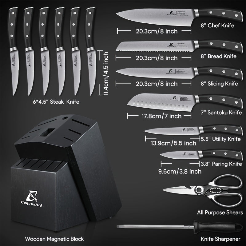 15 Piece Kitchen Knife Block Set with 15 Degree Beveled Easy Insert and Sharpener German Stainless Steel Black Countertop-Free Steak Knives