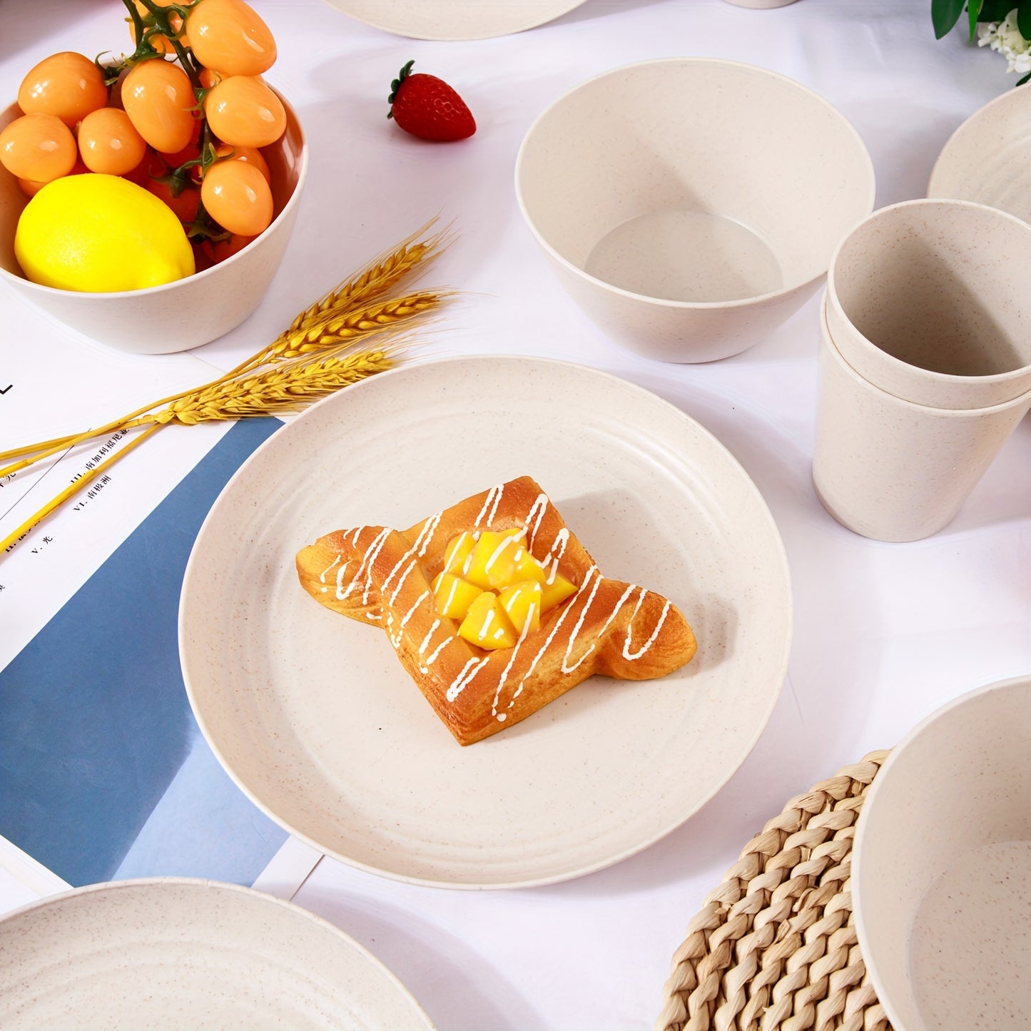 36 Piece Wheat Straw Dinnerware Set of 12 Reusable Plastic Beige Plates and Bowls Unbreakable Camping Dinnerware Set
