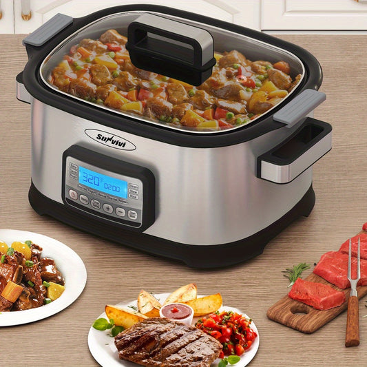 11-in-1 Multi Slow Cooker Roaster Oven, 6.5QT Sliver Digital Programmable Slow Cooker with Rack, Large Removable Nonstick Crock, Glass Lid, Multicooker with Timer Temp Control, Delay Start