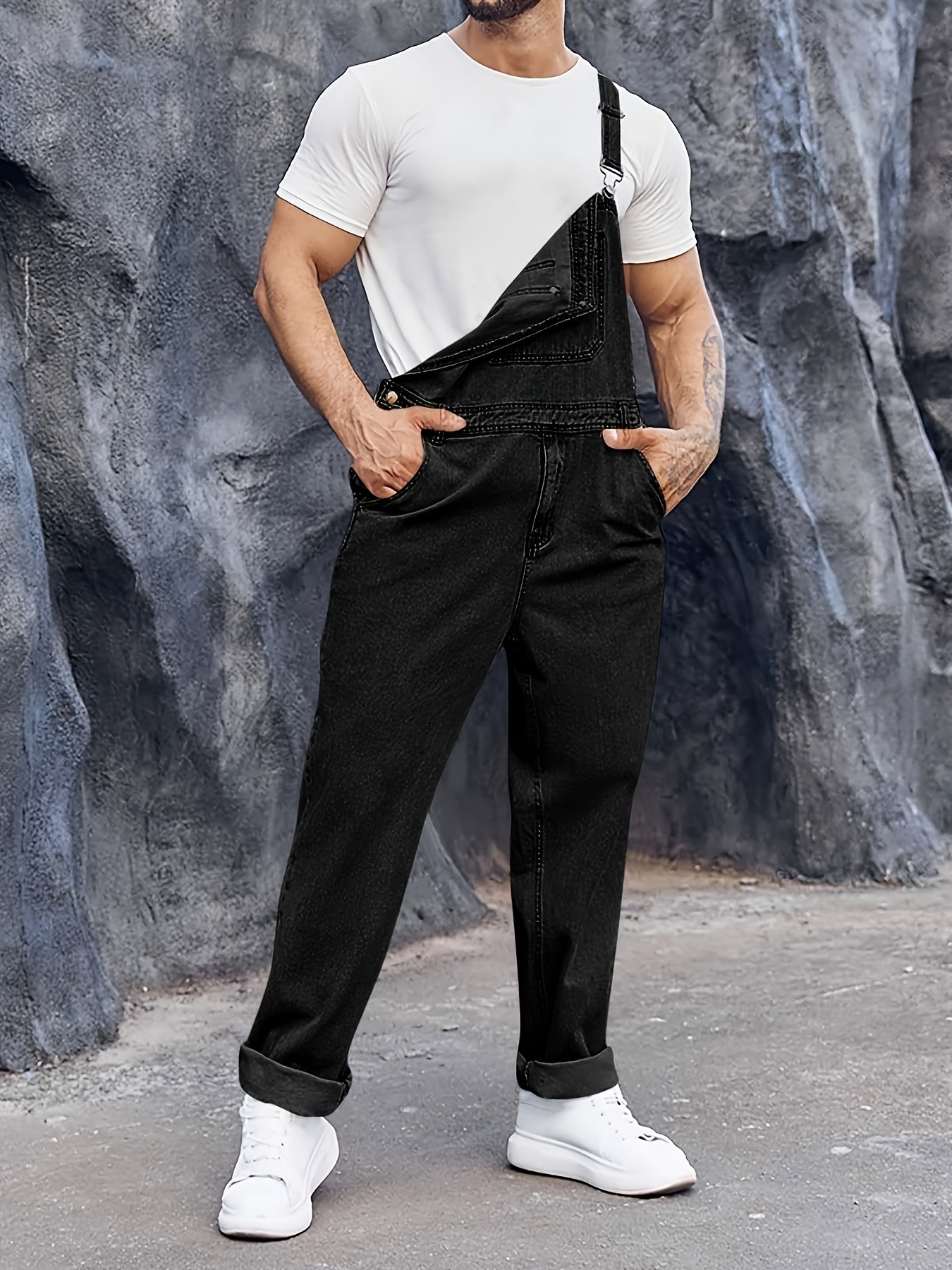 Men's Denim Bib Overalls Jeans Fashion Boot Cut Casual Slim Fit Adjustable Straps Jumpsuit