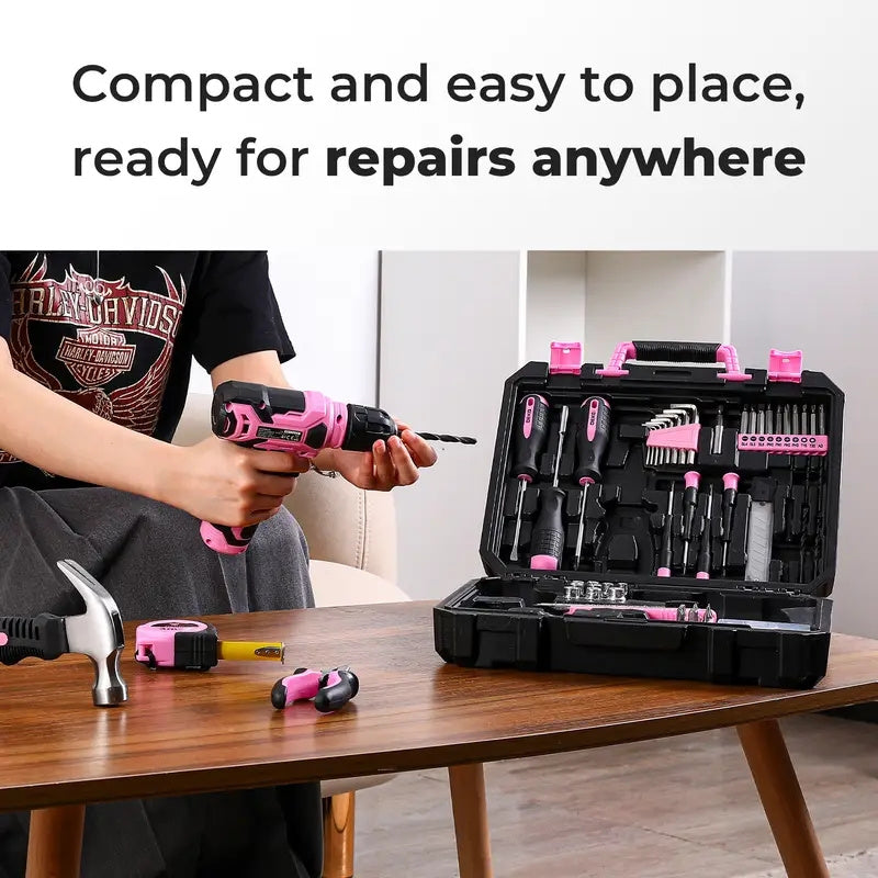 DEKO 126PCS Pink Power Tools Box With 8V Cordless Drill / Driver, Tape Measure, Hammer, Screwdriver Set and Precision Tool, Portable Hand Toolbox for Garden, DIY Home Projects, Outdoor Repairs, Camping, Woodworking Tools and