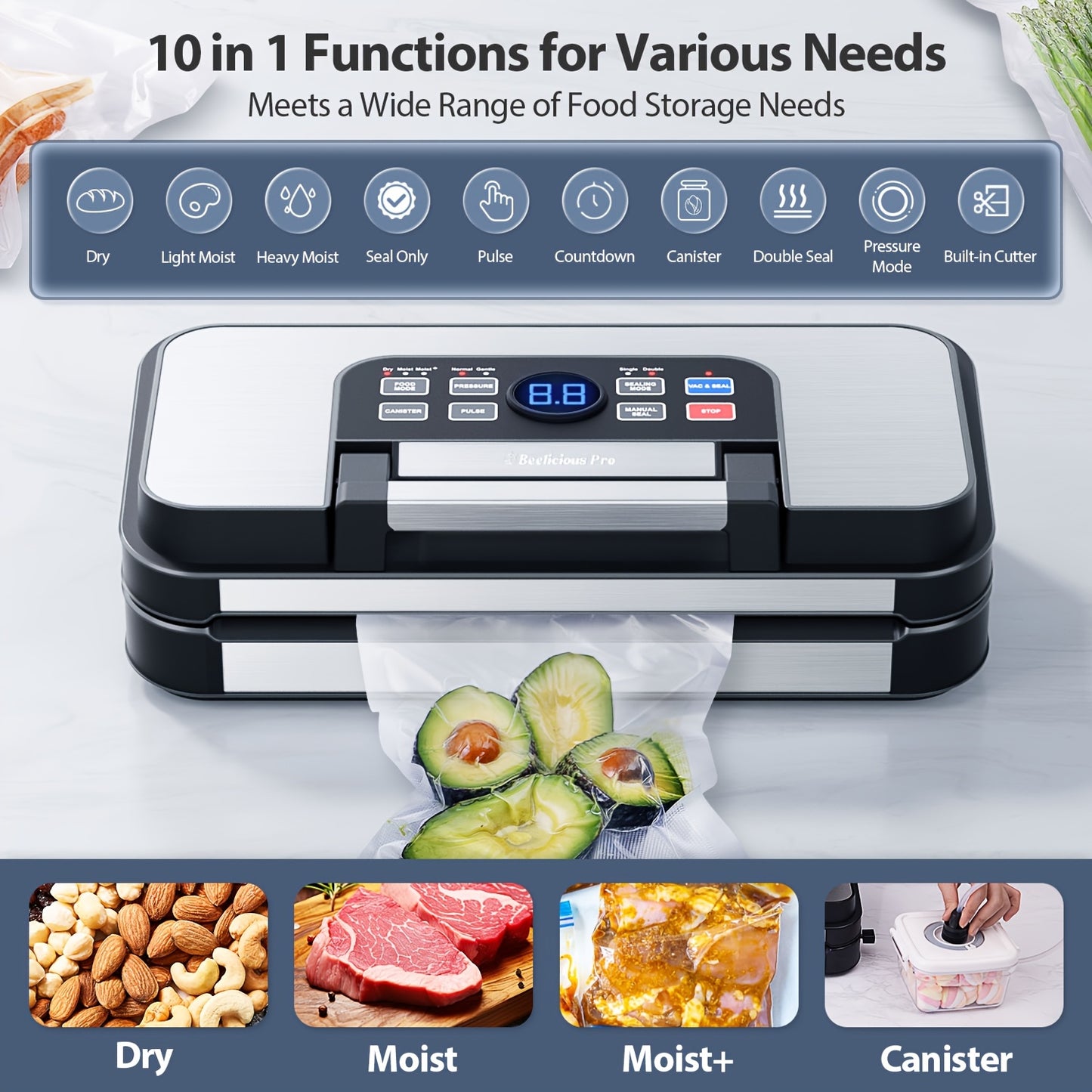 Beelicious Pro Automatic Vacuum Sealer Machine with 10 Modes | 95KPA Dual Pump & Double Seal Technology | Dry/Moist Food Preserving System | Bonus Accessory Hose + Roll-Packed Bags (Upgraded User Experience Design)