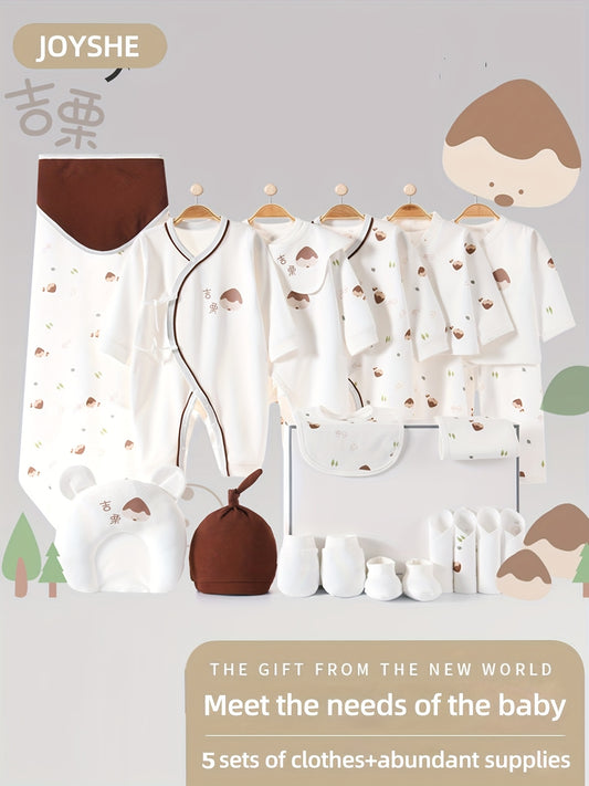 Baby Boy Clothes + Newborn Daily Necessities Complete Set, Total 22pcs, 5 Sets Of Clothes + Hat + Bib + Pillow + Hand And Foot Covers + Bibs, Baby Items, Baby Full Moon Summer Long Sleeve Suit, Baby Romper, Local Warehouse, B