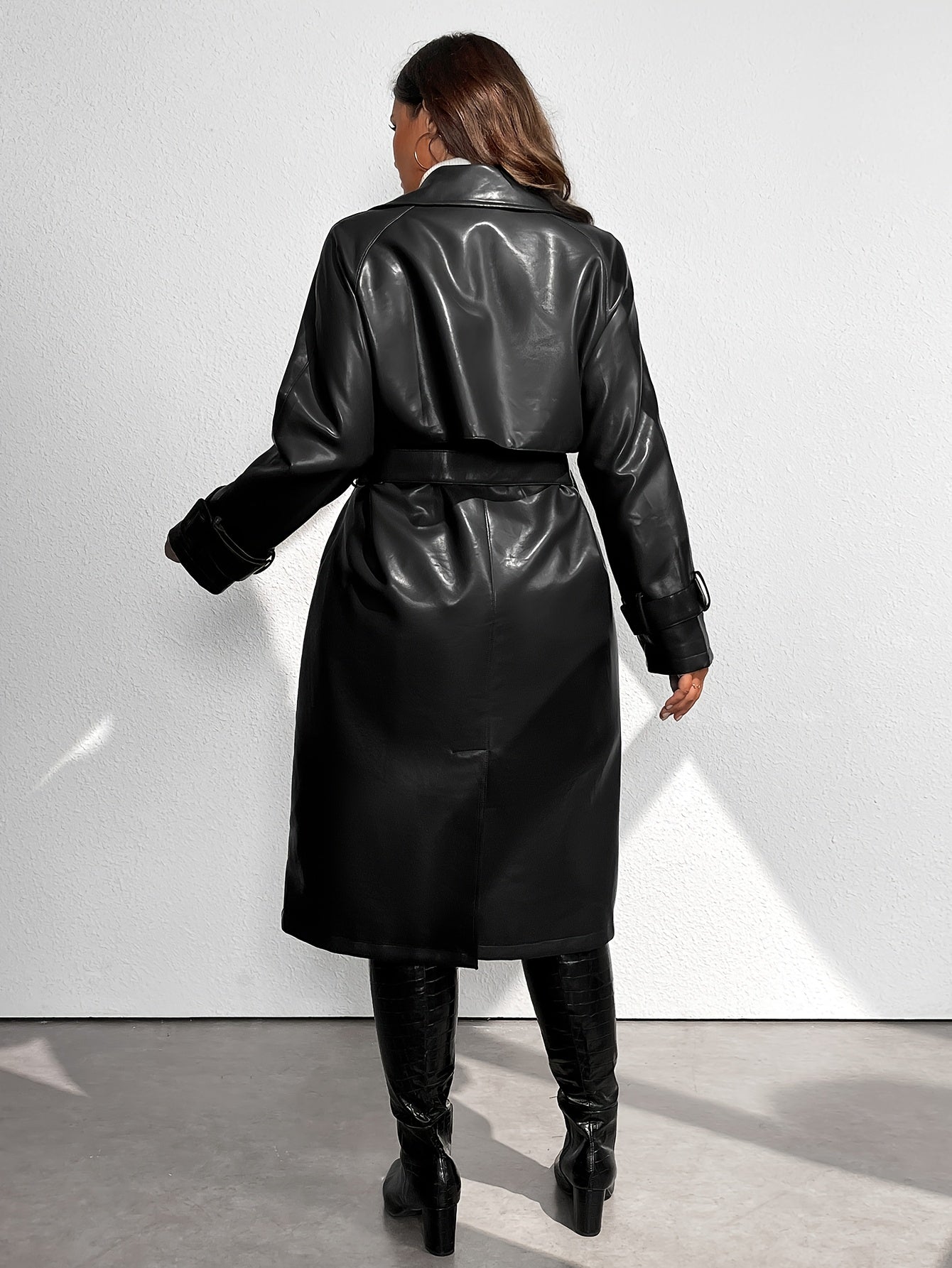 Women'S Trench Coat Plus Size Faux Leather Long Classic Motorcycle Jacket Lapel Belted Overcoat