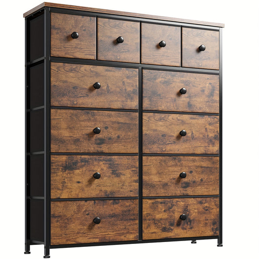 12-Drawer Rustic Brown Fabric Dresser with Wood Top and Metal Frame for Bedroom and Living Room