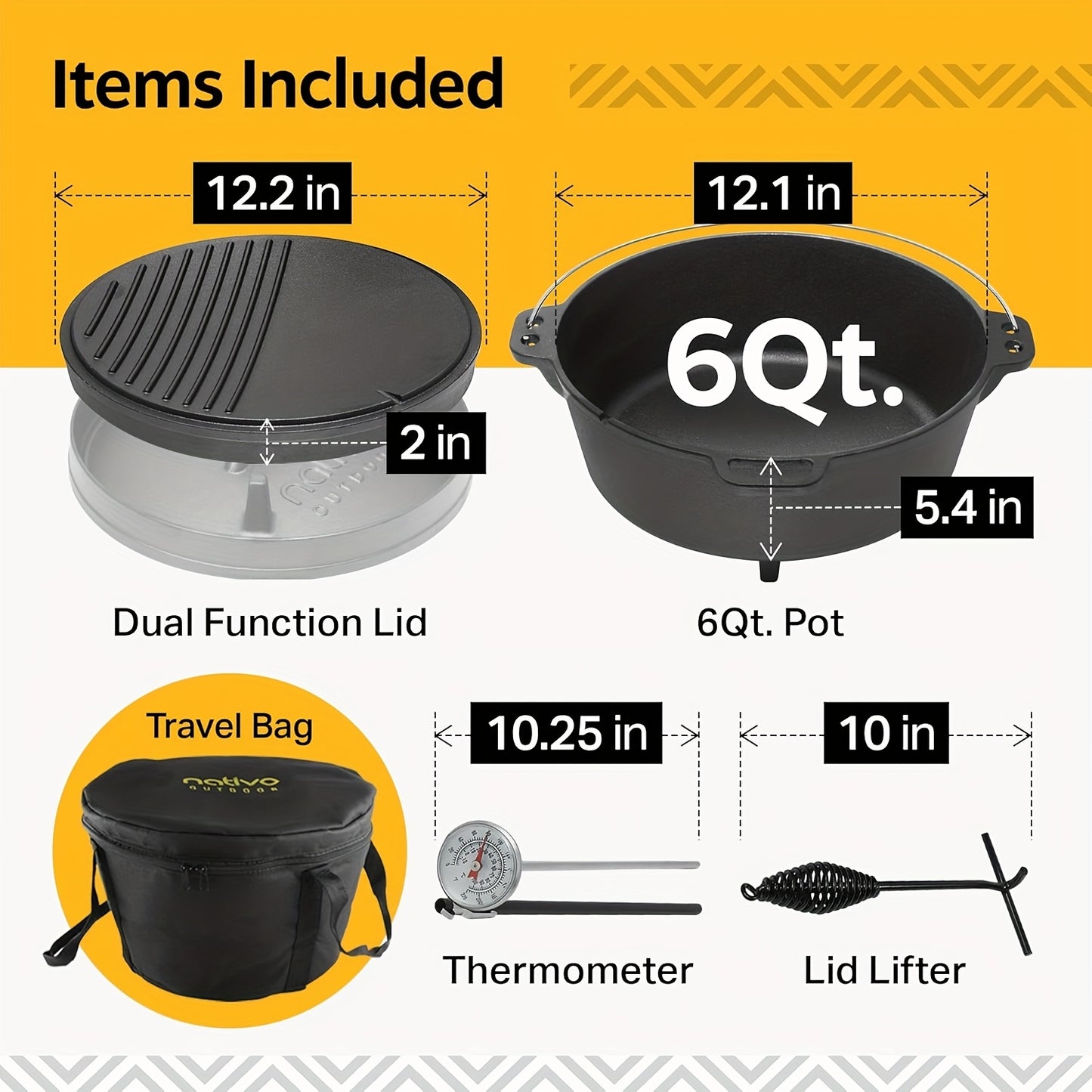 Nativo 6 Quart Cast Iron Dutch Oven Pot Pre Seasoned Outdoor Cookware with Legs and Reversible Grill Lid Camping Dutch Oven for Outdoor Cooking Over Fire Coals