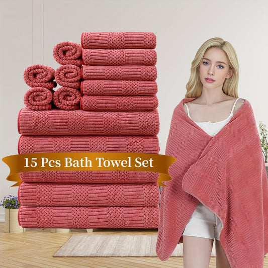 15pcs Bath Towel Set, Solid Color, Microfiber, Absorbent, Quick-drying, Comfortable, Bathroom Supplies, Suitable for Bathroom, Shower, Hotel, Festive Bathroom Decor, Father's Day Gifts, Travel Essential Items, 5 Bath Towels 5