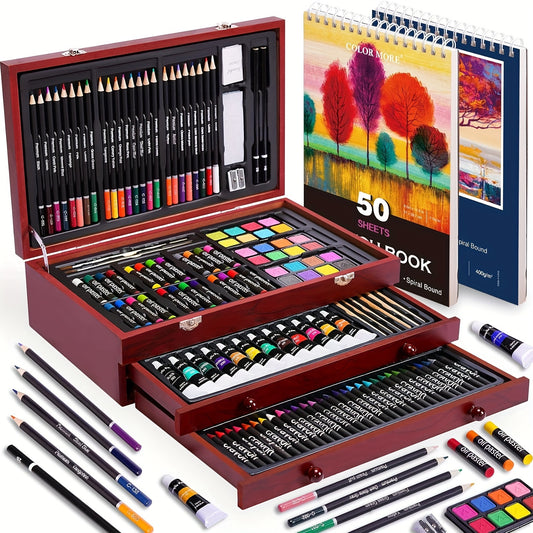 175pcs Deluxe Art Set With 2 Drawing Pads, Crayons, Acrylic Paints, Colored Pencils Set In Wooden Case, Professional Art Kit For Adults, Artist And Teen, Paint Supplies, Gift, Father'S Day Gift
