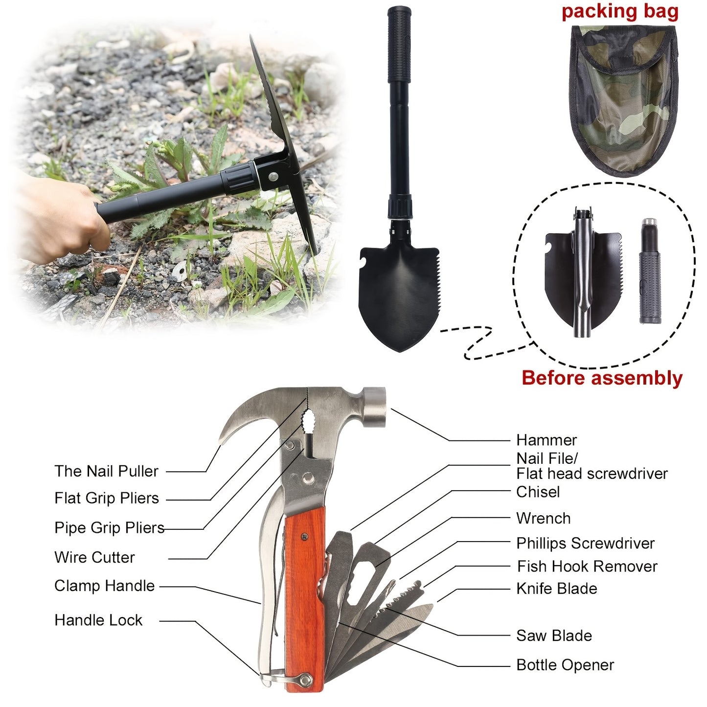 FCLUSLL 95 Piece Car Roadside Emergency Kit Premium Heavy Duty Portable Jumper Cables Air Compressor Tow Strap Multifunctional Hammer Shovel