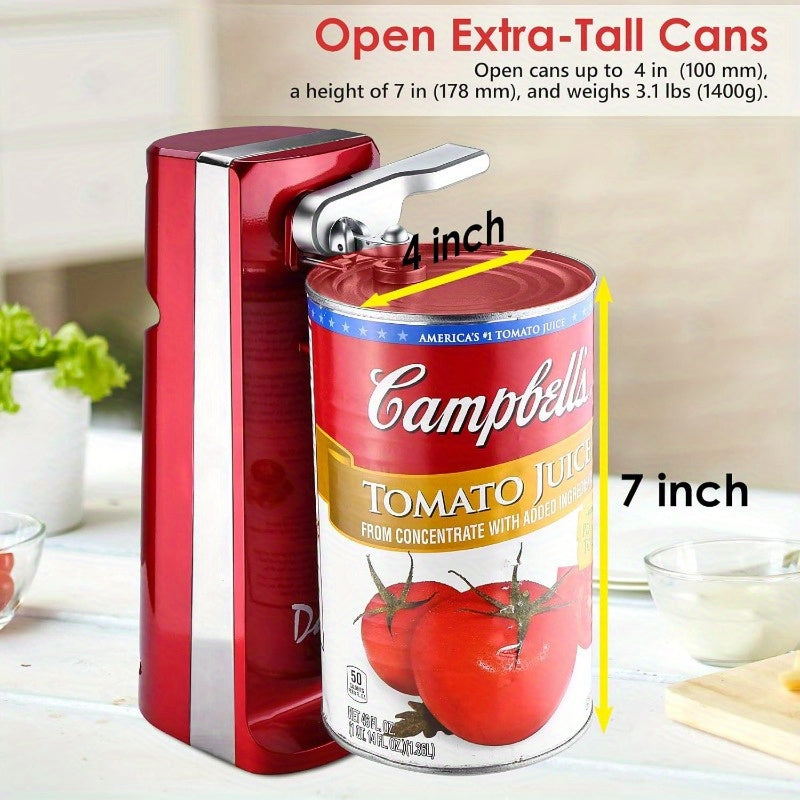 Electric Can Opener with One Touch Lid Opening Removable Stainless Steel Cutter and Three in One Design with Knife Sharpener and Bottle Opener Red
