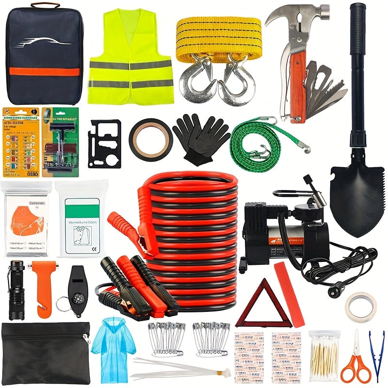 FCLUSLL 95 Piece Car Roadside Emergency Kit Premium Heavy Duty Portable Jumper Cables Air Compressor Tow Strap Multifunctional Hammer Shovel