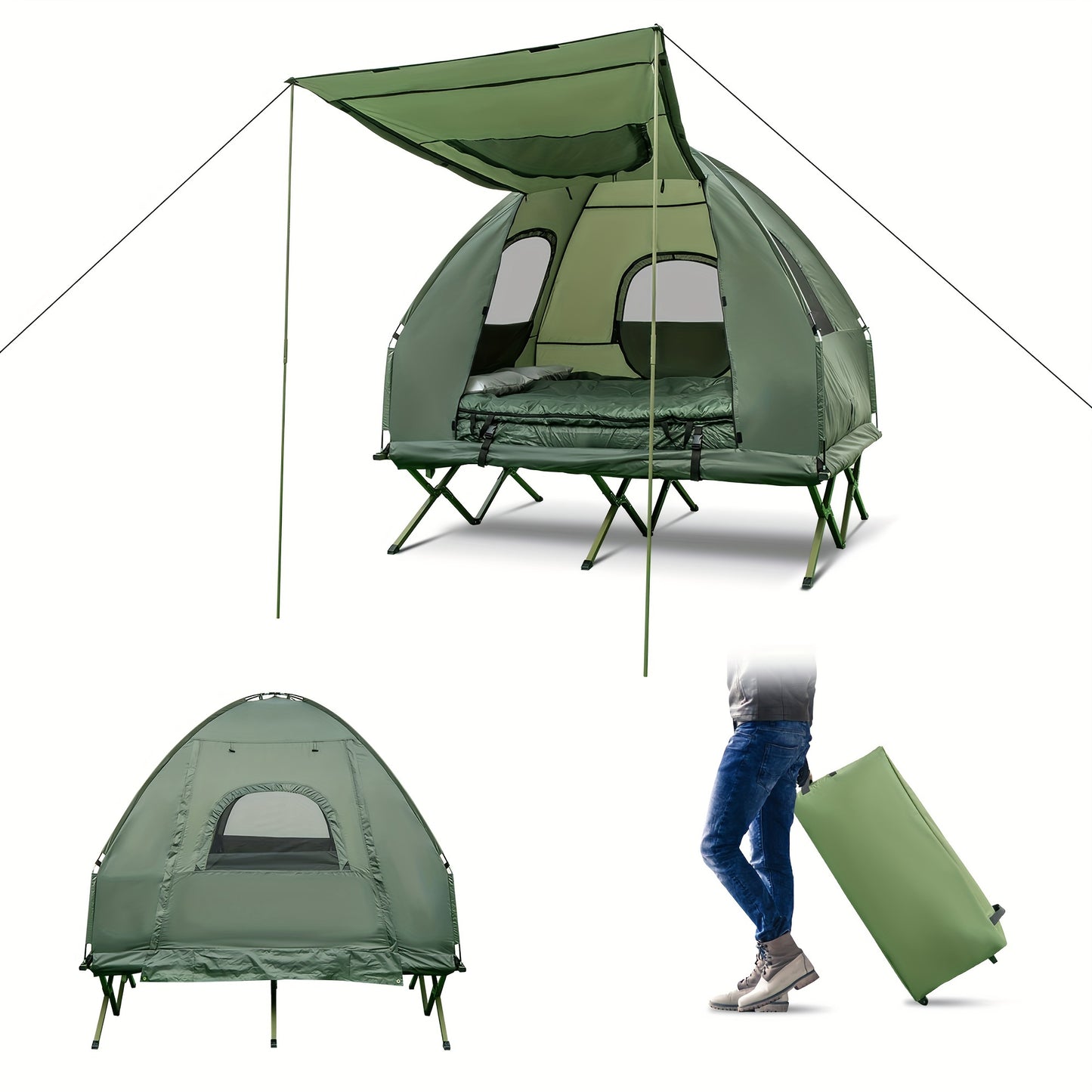 GYMAX 2 Person Compact Portable Pop Up Tent Camping Cot with Air Mattress and Sleeping Bag
