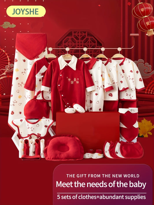 Youngsters Boy Clothes+Youngsters Necessities Set 28pcs, Shower Gifts, Local Warehouse, 5 Sets Of Clothes+Hat+Pillow+Hand And Foot Sets+Bib Outfits, Festive Chinese Style Romper, All-season Wearable,, Soft Fabric, Perfect for