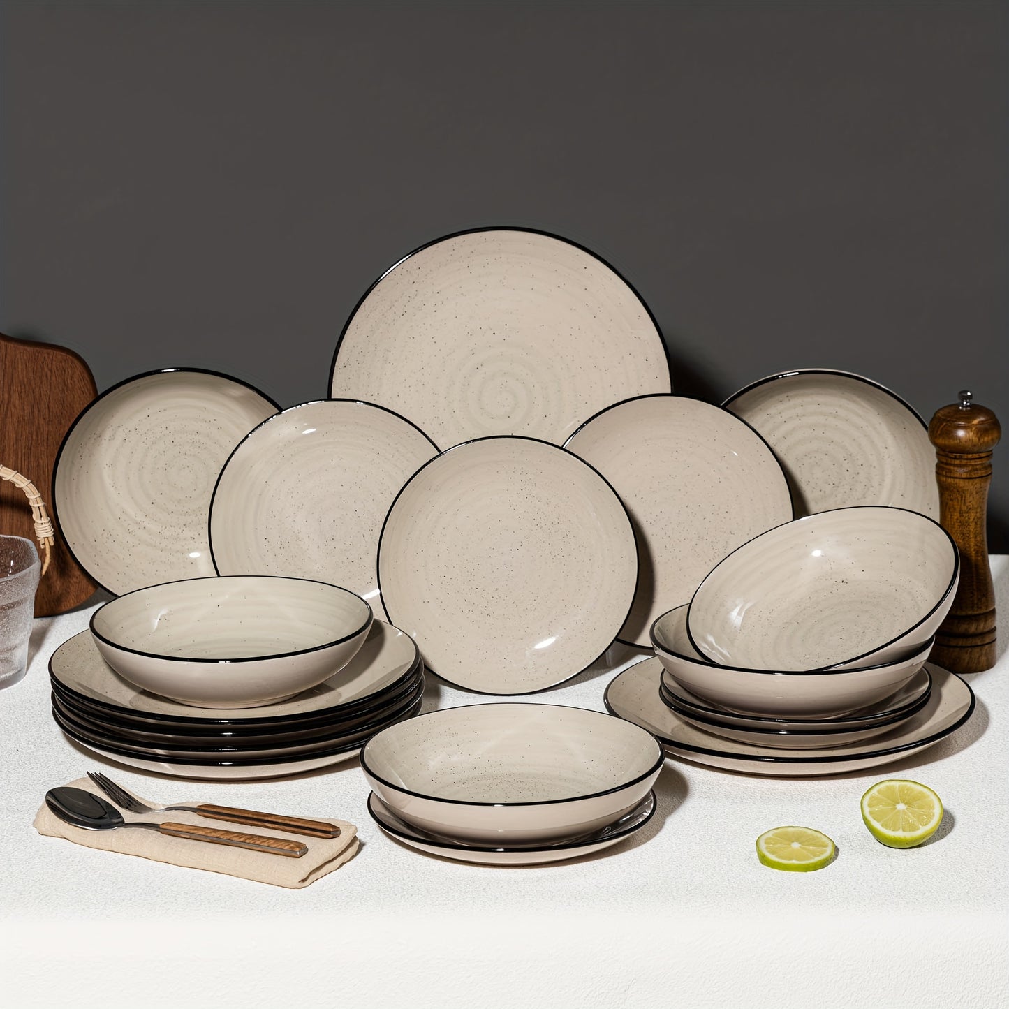 18 Piece Stoneware Dinnerware Set for 6 Handpainted Spirals Pattern Ceramic Set with 10.5 Inch Dinner Plate 7.5 Inch Dessert Plate and 27 Ounce Soup Bowl